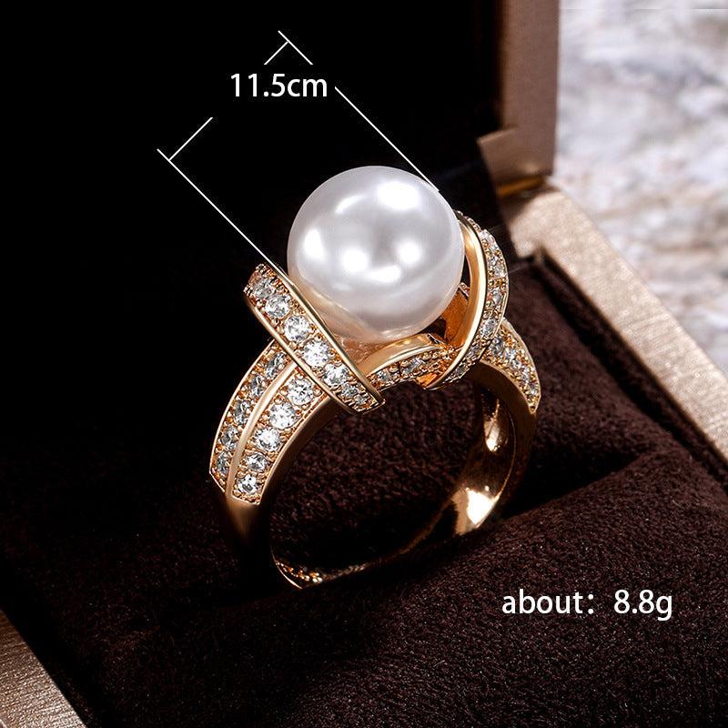 Gold Plated Zircon Pearl Ring Geometric Design for Wedding Engagement Jewelry Durable Fashion Accessory Elegant