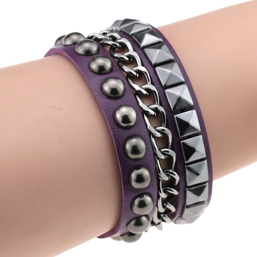 Layered Rivet Leather Bracelet PU Metal Bangle 22cm