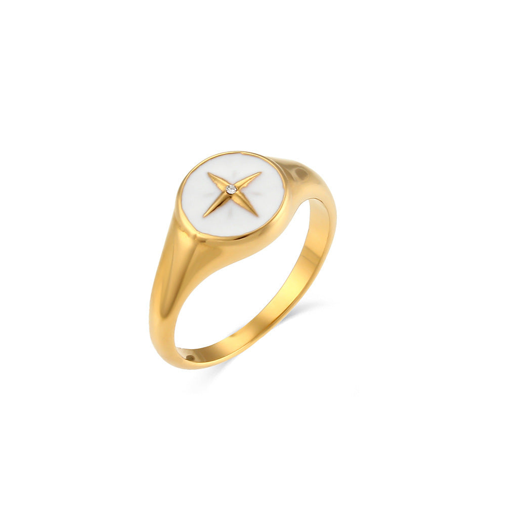 Ladies Stainless Steel Rings With Compass Disc Geometric Retro Fashion Jewelry For Women And Girls Black White