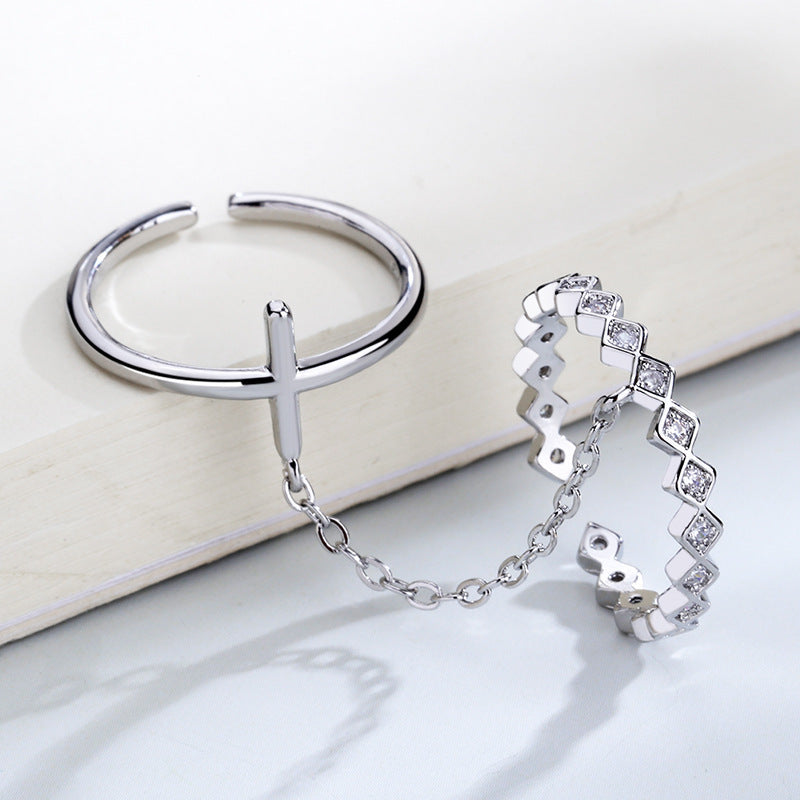 Geometric Double Ring for Women with Diamond Cross Copper Band Adjustable 3mm Diamond 8mm Cross Korean Zircon Inlay