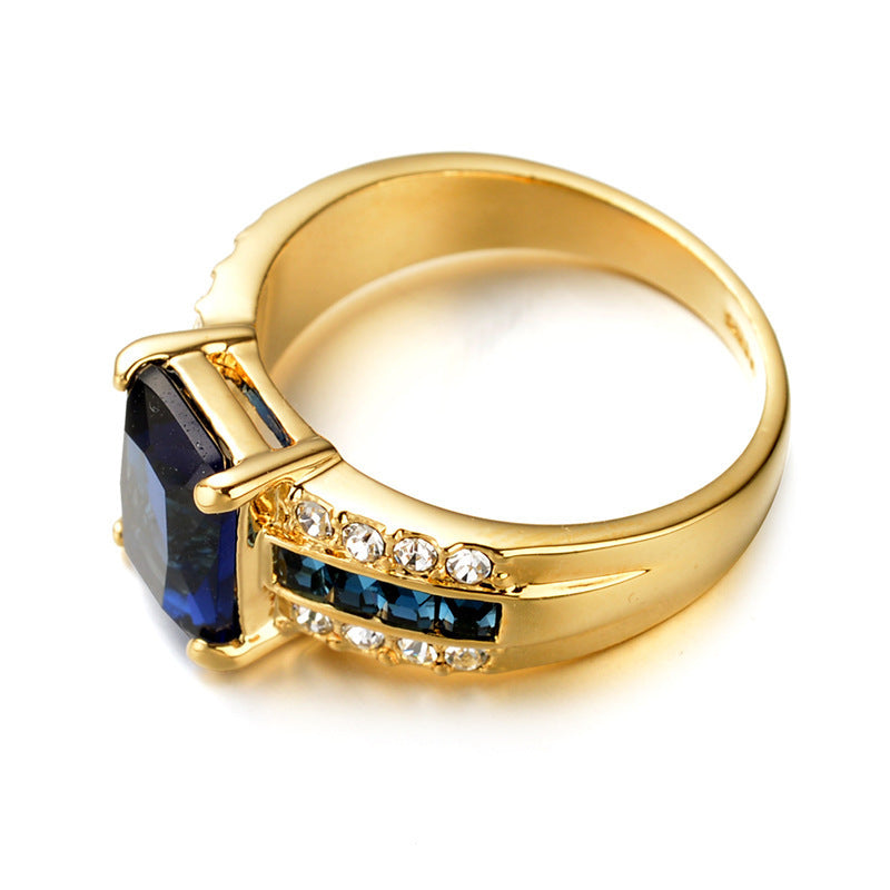 Gold Plated Ring With Blue Gemstone Inlaid Geometric Design For Women European American Style Jewelry Accessory