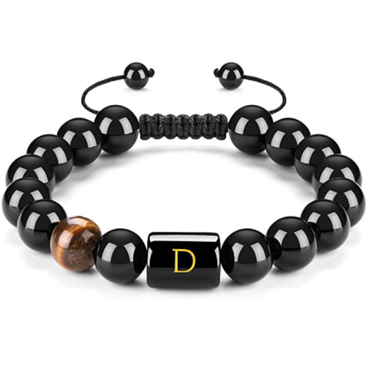 Mens Natural Black Agate 10mm Beads Handmade Initial Letter Bracelet Personalized Gift for Men Letter A Shape Letter