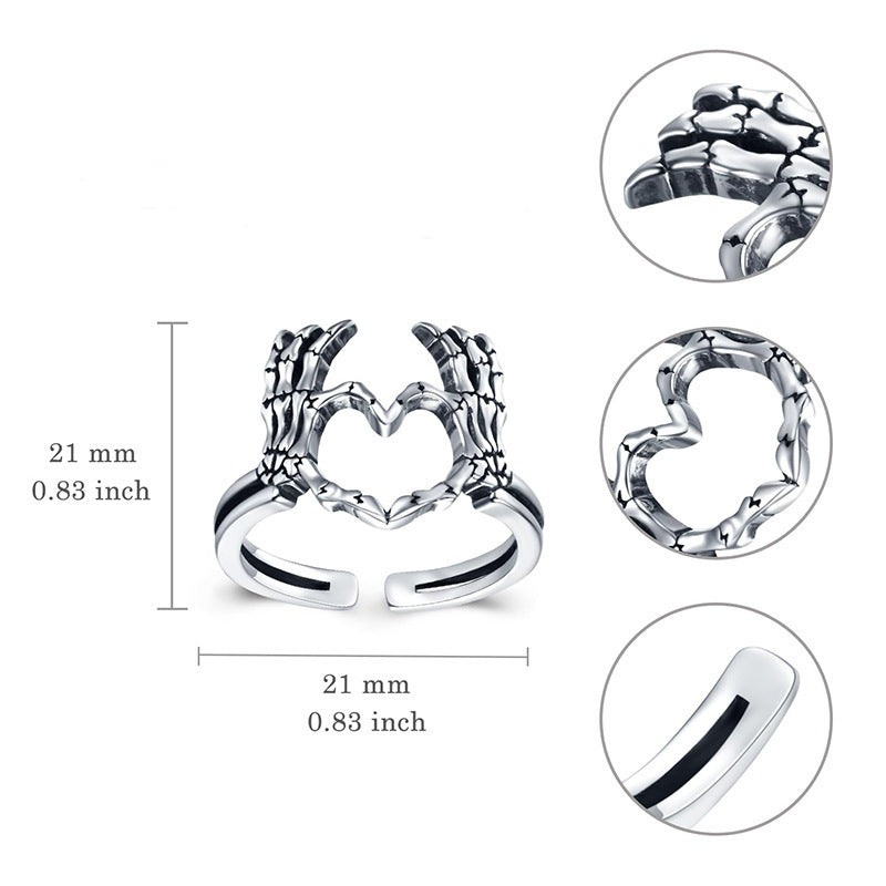 Adjustable Open Mouth Love Skull Heart Paw Index Finger Ring Metal Couple Ring Retro Design Electroplating Color Size