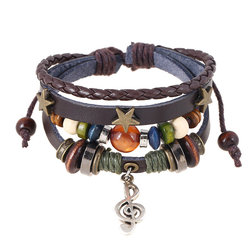 Unisex Leather Bracelet Multi Layer Beads Bracelet Adjustable Length Fashion Wristband Geometric Bracelet Pull