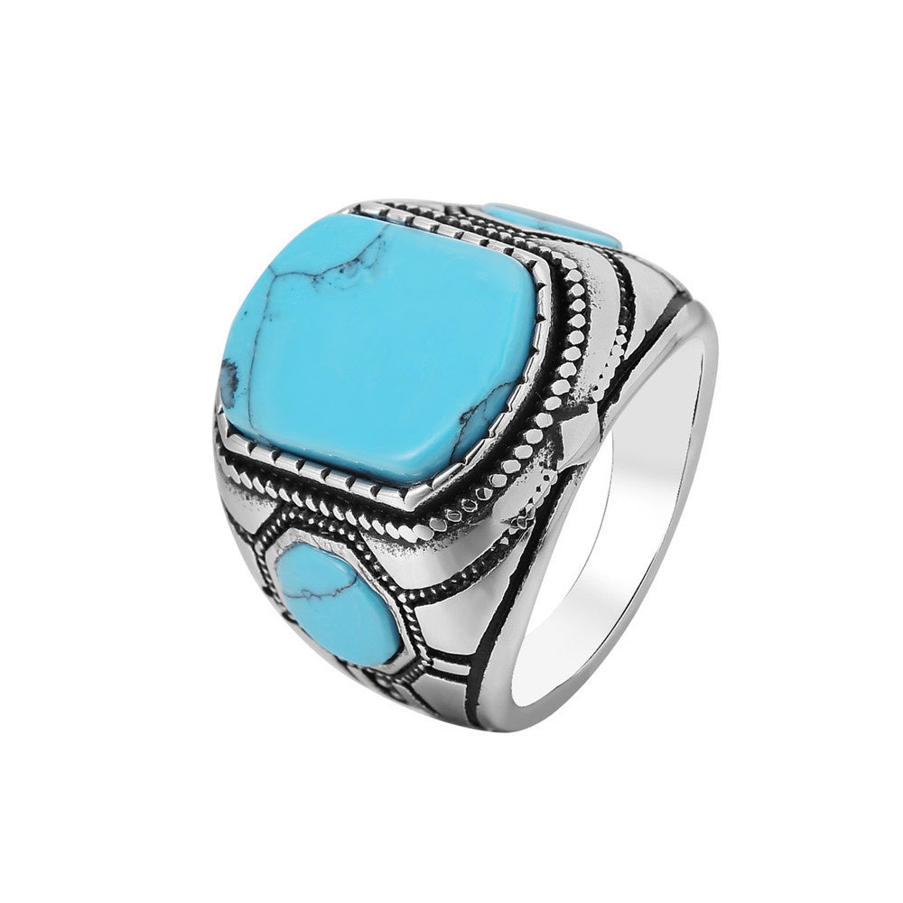 Mens Titanium Steel Ring With Vintage Turquoise Opal Stone Black Gun Plated Stainless Band For Dating Giftable