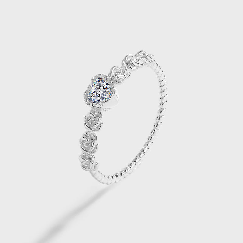 Sterling Silver Ring Twist Lines Love Heart Design Electroplated Fine Work Diamond Set Heart-Shaped Ring Elegant Jewelry Gift for Her Anniversary Present