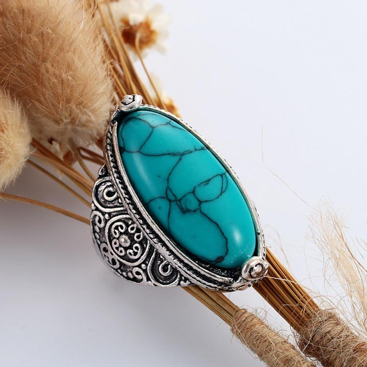 Womens Alloy Turquoise Ring With Gemstone Inlay Retro Carved Fashion Ring Electroplated Individually Packed Securely
