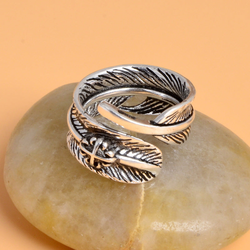 Adjustable Feather Ring Open Design Metal Electroplated Thai Silver Finish Feather Jewelry For Index Finger Ring