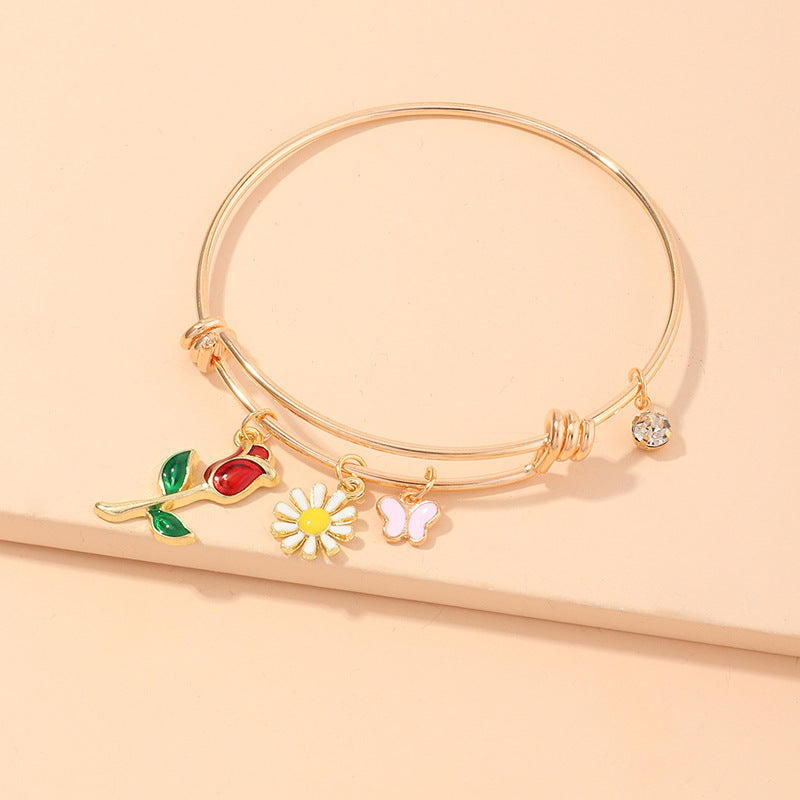 Womens Golden Floral Butterfly Pendant Bracelet Jewelry