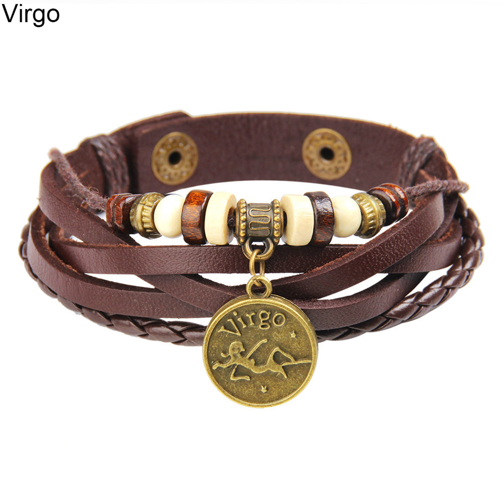 Unisex Astrological Sign Bracelet With Coin Charm And Layered Leather Bangle For Festival And Daily Wear Gift