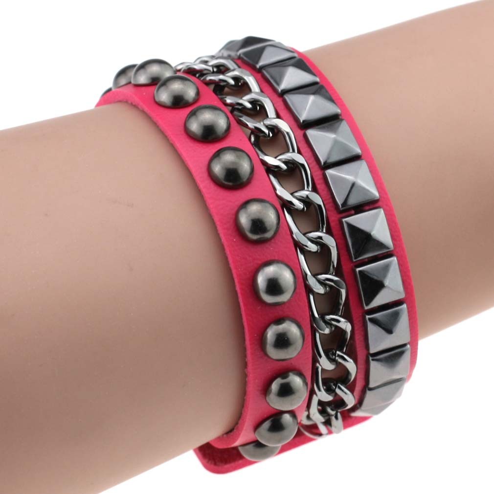 Layered Rivet Leather Bracelet PU Metal Bangle 22cm