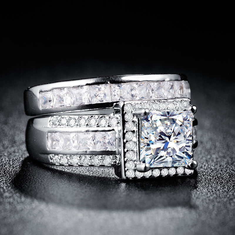 Wedding Engagement Ring Gold Plated Silver Zircon Square Diamond Couple Ring