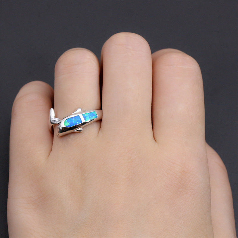 Womens Metal Ring Handmade Cartoon Character Design Gold Plated Inlay Blue Opal Dolphin Decoration Artificial Jewelry