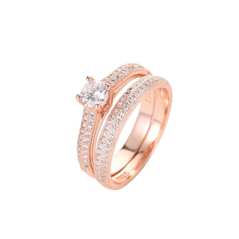 Two Piece Copper Rings Set With Zircon Geometric Design Electroplated Finish For Women And Girls Classic Style