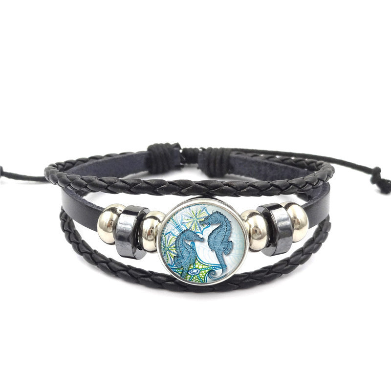 Unisex Woven Leather Bracelet Ocean Style Multi Layer Zodiac Ornament Fashion Jewelry Handmade Accessory Everyday Wear