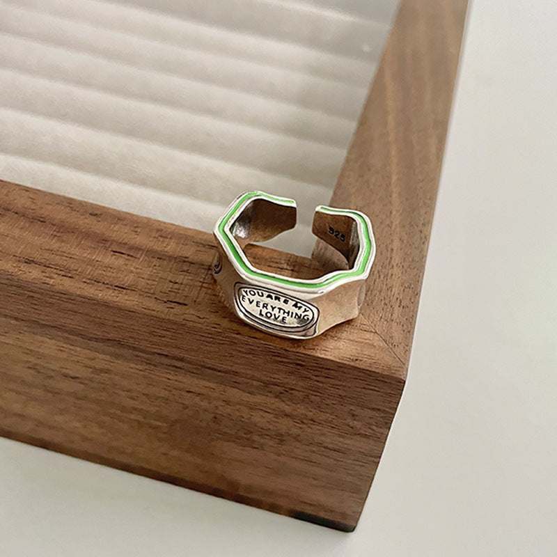 Unisex Open Adjustable Sterling Silver Ring Geometric Design With Exaggerated English Letter Motif Modern Look