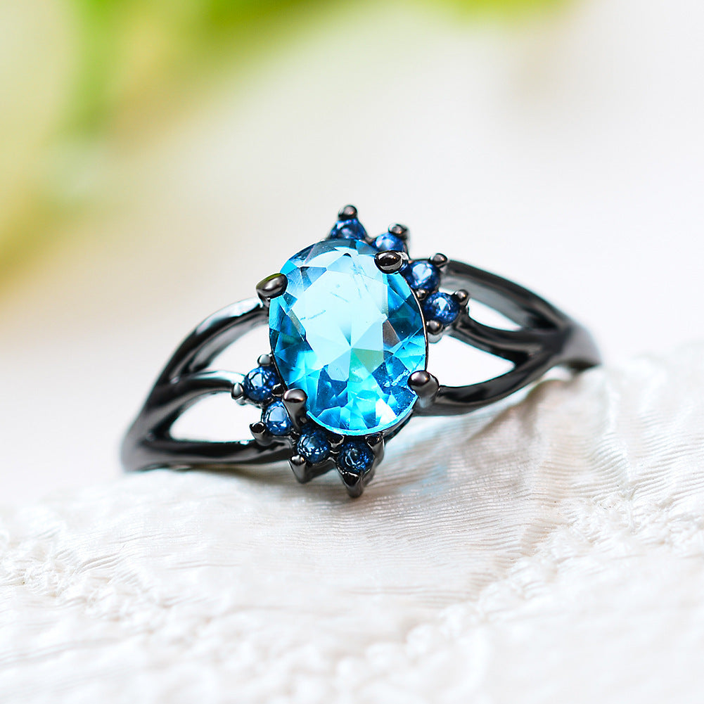 Oval Diamond Zircon Vintage Ring Gold Plated Copper Inlay Black Blue Gemstones Womens Timeless Sparkle Daywear