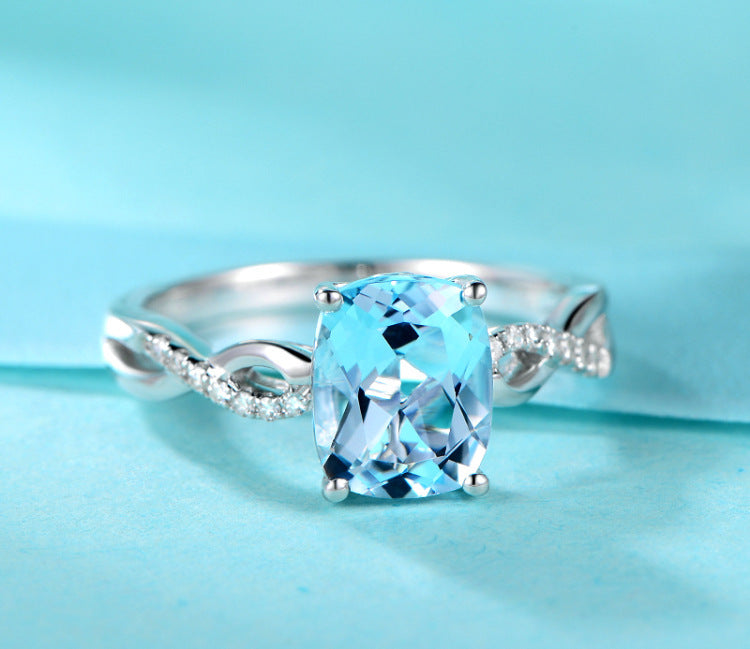 Womens Aquamarine Ring Geometric Design Diamond Cut White Gold Plated Sterling Silver Inlaid Jewelry Gift Design