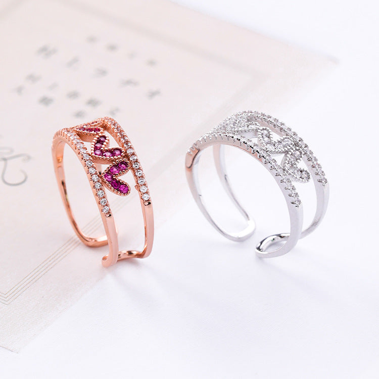 Rose Red Diamond Hollow Love Opening Ring Wide Version With Heart Shaped Design Micro Inlaid Zircon Jewelry For Women