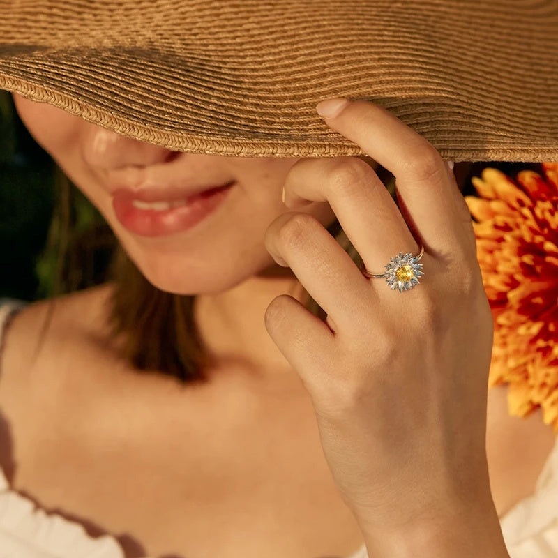 Womens Adjustable Ring With Daisy Sunflower Zircon Accent Durable Alloy Open Ring Fashion Jewelry For Her Gift