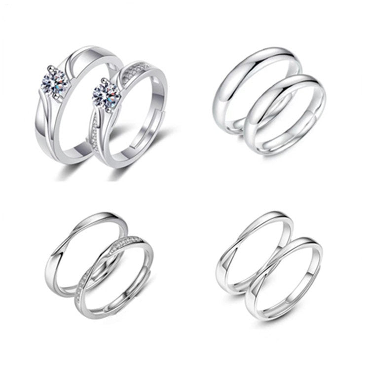 Women Adjustable Open Ring Heart Bow Wave Design Copper Electroplated Micro Zircon Inlaid Anniversary Couple Ring