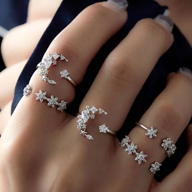 Womens Moon Star Ring Set 5 Piece Alloy Electroplated Jewelry Collection For Women Fashion Accessory Elegant Gift