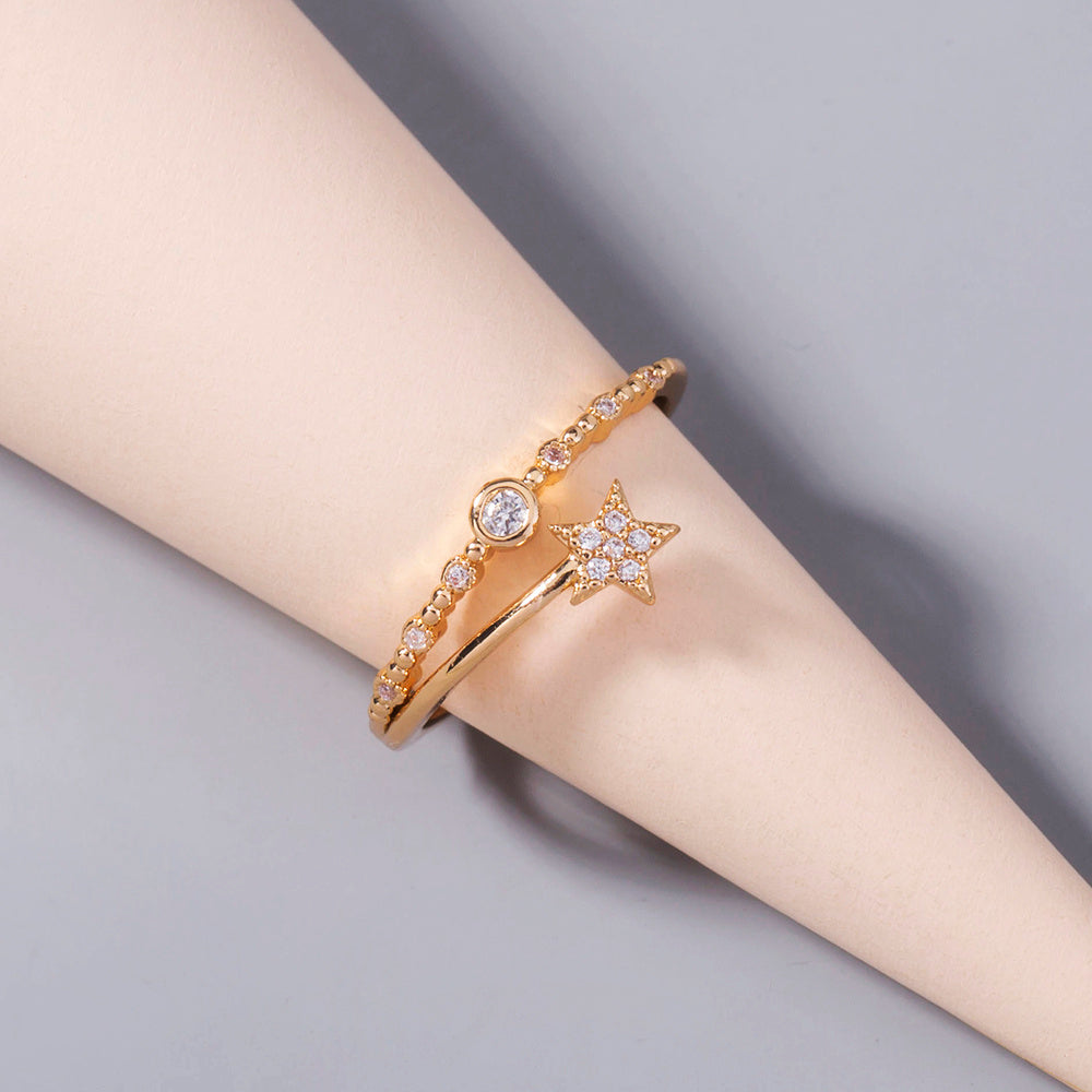 Womens Gold Pentagram Ring Copper Europe Inlaid Adjustable