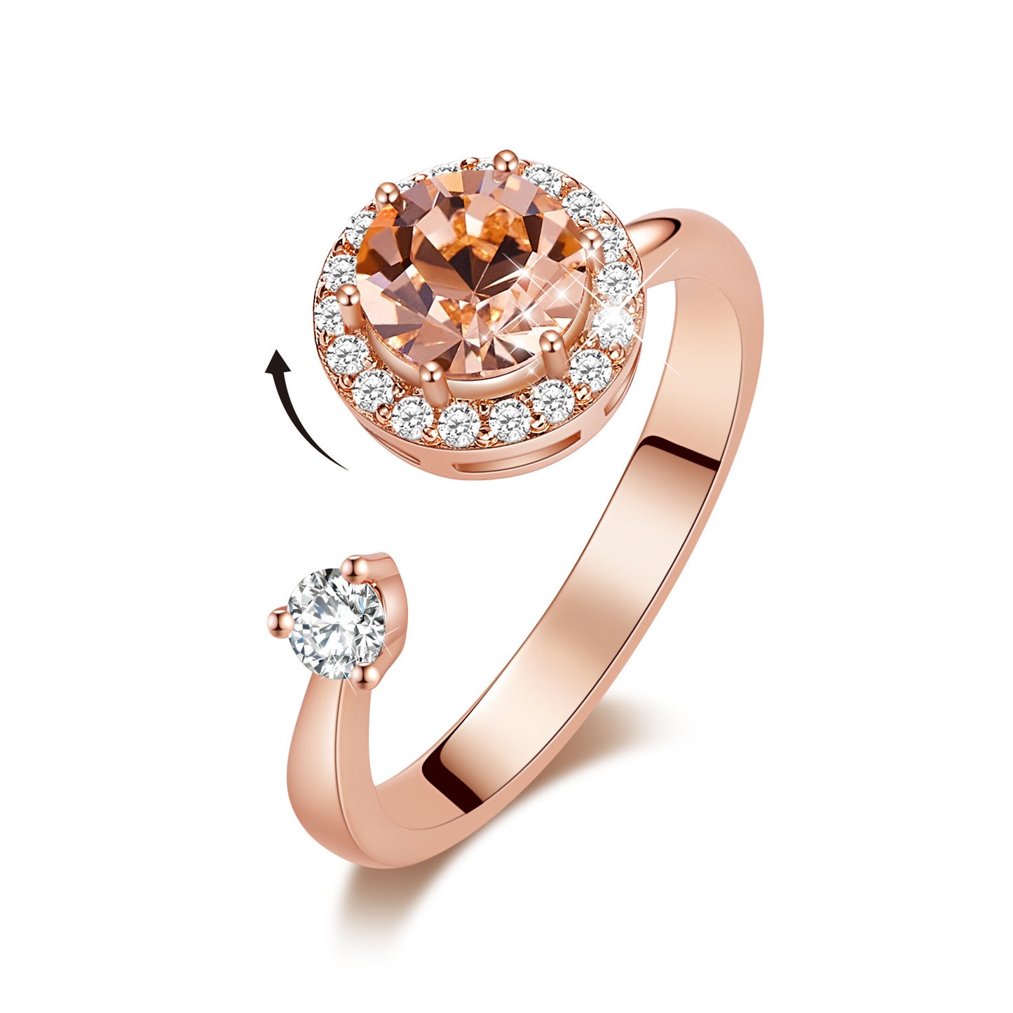 Ladies Rotating Crystal Inlay Ring With Copper Band Adjustable European American Style Jewelry Elegant Shimmer