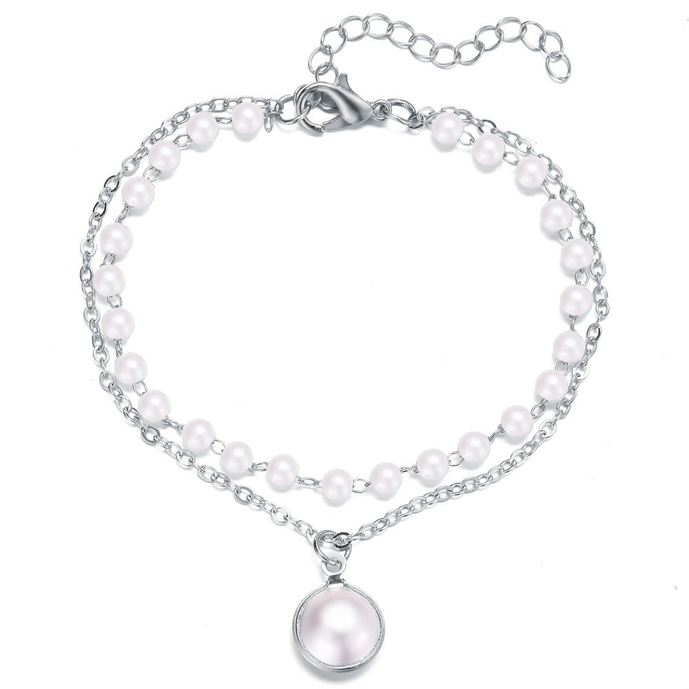 Womens Pearl Bracelet Double Layer Retro Alloy Jewelry