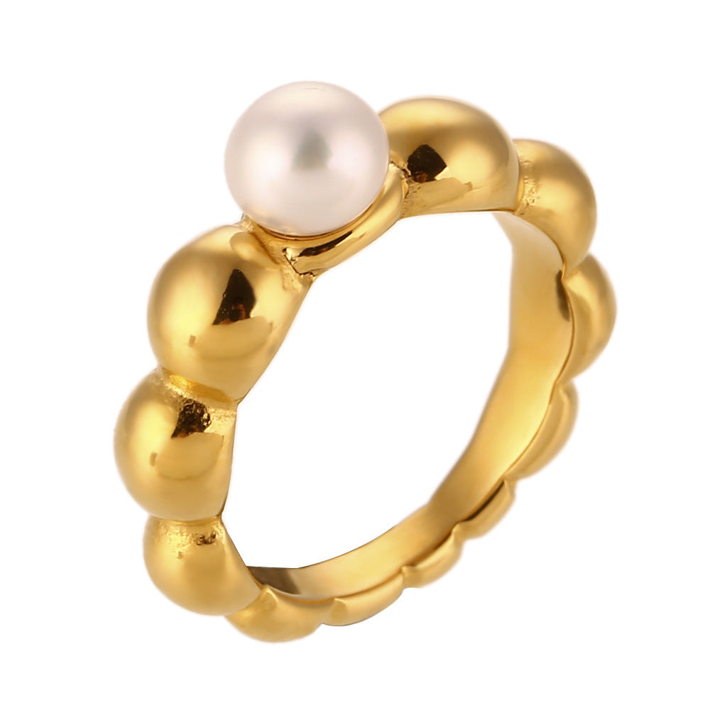 Women's 18K Gold Ring with Lace Wave Pattern and Imitation Pearl Stainless Steel Elegant Jewelry Geometric Ring for Her