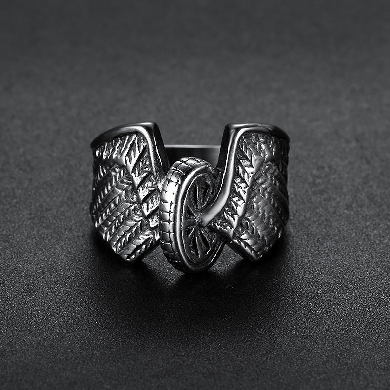 Men's Stainless Steel Ring Locomotive Wind Series Wheel Wing Shape Design Band Jewelry Steel Male Ring or Steel Female Ring for Him