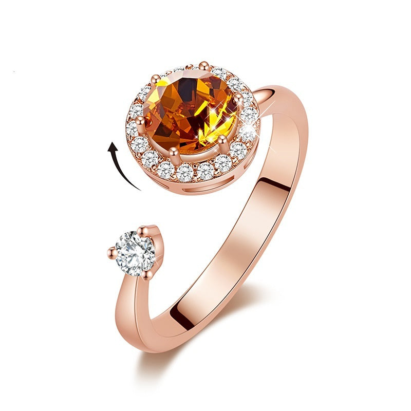 Ladies Rotating Crystal Inlay Ring With Copper Band Adjustable European American Style Jewelry Elegant Shimmer