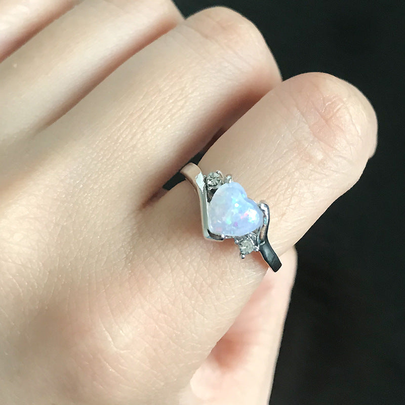 Womens Heart Ring Gold Plated Opal Stone Elegant Alloy Jewelry Simple Design Birthday Gift For Women Gift Idea