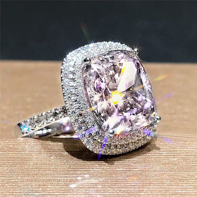 Geometric Zircon Inlays Copper Ring For Women Pink Color Elegant Fashion Jewelry Geometric Design Inlaid Ring