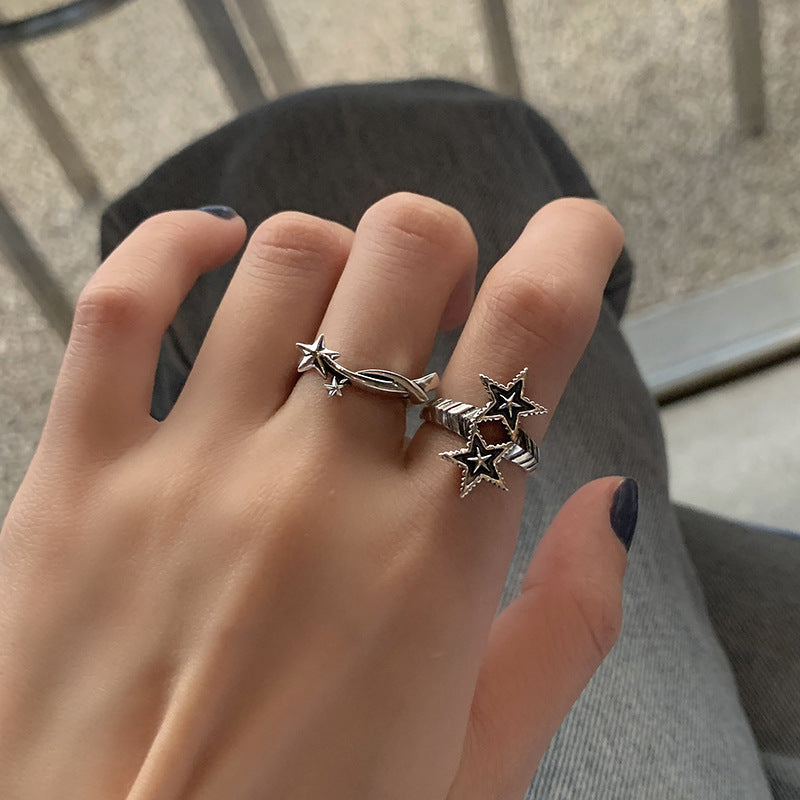 Womens Double Star Ring Adjustable Opening Thai Silver Plated Ring Korean Fashion Jewelry Retro Design Package