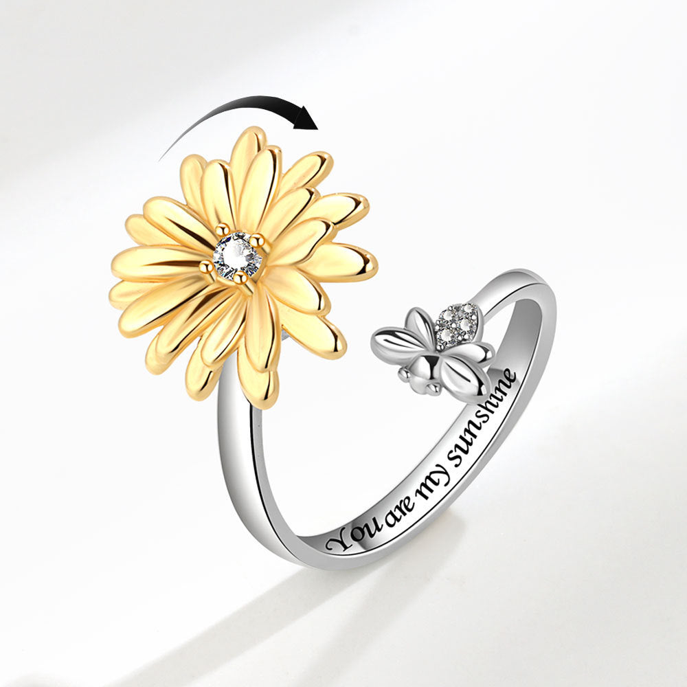 Womens Spinning Ring Sunflower Daisy Adjustable Copper Electroplated Fashion Jewelry Gift For Her Everyday Gem