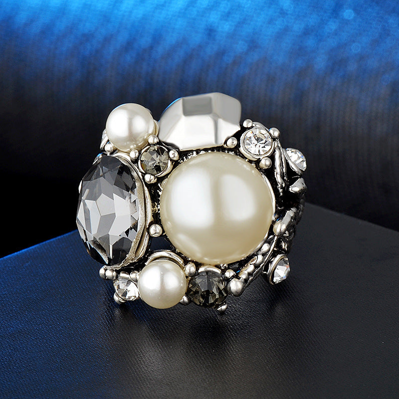 Pearl Rhinestone Gem Ring For Women Silver Tone Inlay Jewelry With Geometric Designs Sizes 6 7 8 9 Gold Plated