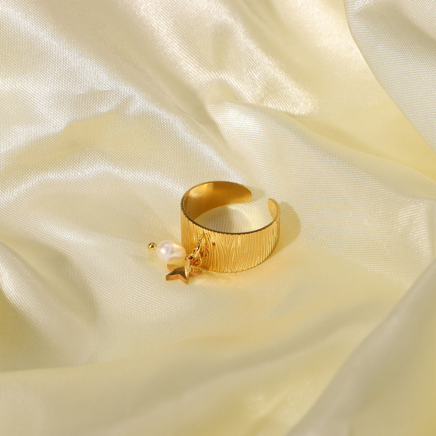 Women's Stainless Steel Ring with Pearl Electroplated Adjustable Opening Fashion Jewelry Finger Ring Perfect Gift for Her