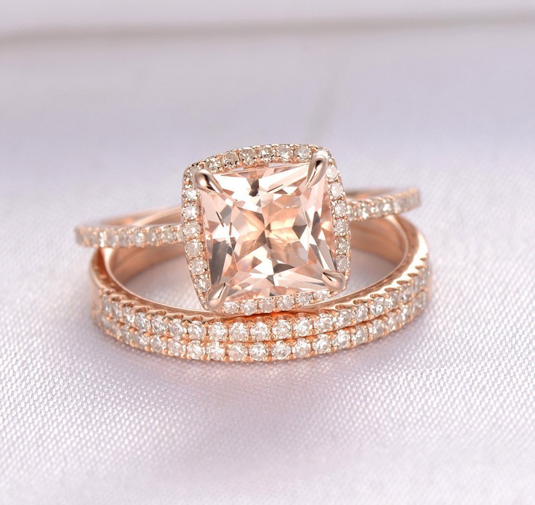 Womens Exquisite Luxury Square Diamond Ring Set Rose Gold Alloy Inlaid Artificial Gems Engagement Promise Jewelry