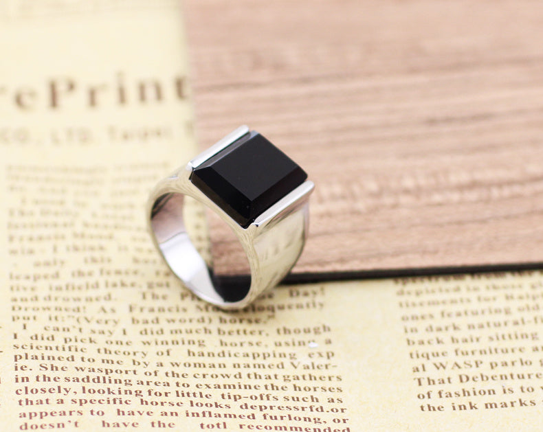 Mens Titanium Steel Ring Obsidian Inlay European American Retro Style Jewelry Gift For Him Obsidian Inlay Gems