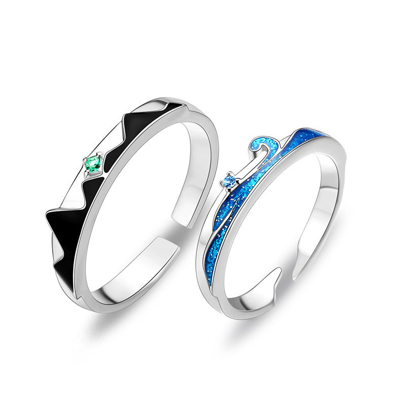 Sterling Silver Couple Rings Wave Design Diamond Inlaid Matching Bands Korean Promise Rings for Him and Her 925 Silver Anniversary Engagement Rings Sets