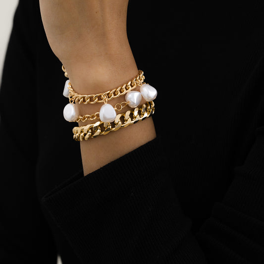 Geometric Aluminum Chain Bracelet Set For Women Three Piece Jewelry Gift Gold Tone Everyday Wear Pearl Accents