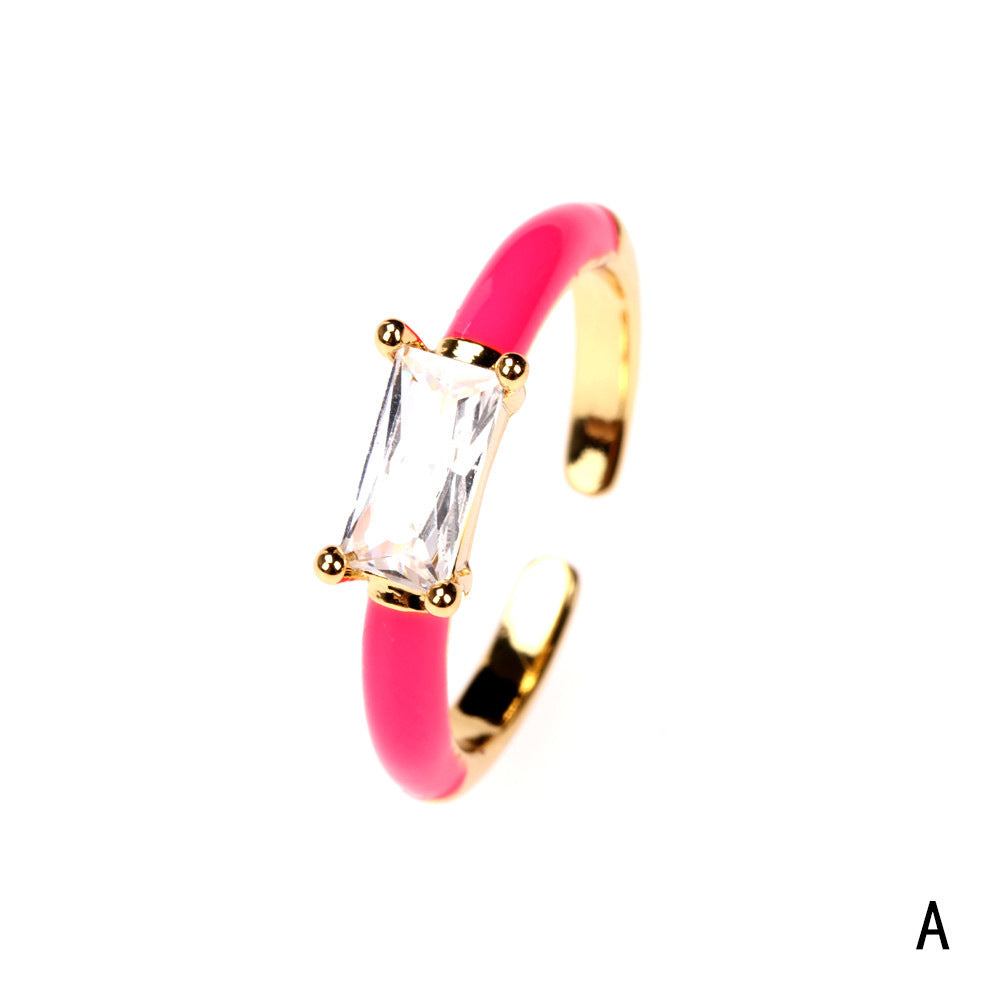 Women Zircon Ring Square Gold Plated Copper Adjustable Fashion Jewelry European American Elegant Durable Style
