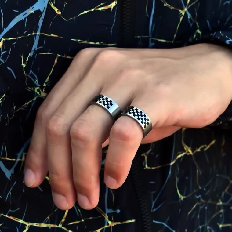 Stainless Steel Black And White Plaid Ring For Unisex Wear Durable Minimalist Jewelry For Men And Women Size 6 7 8 9