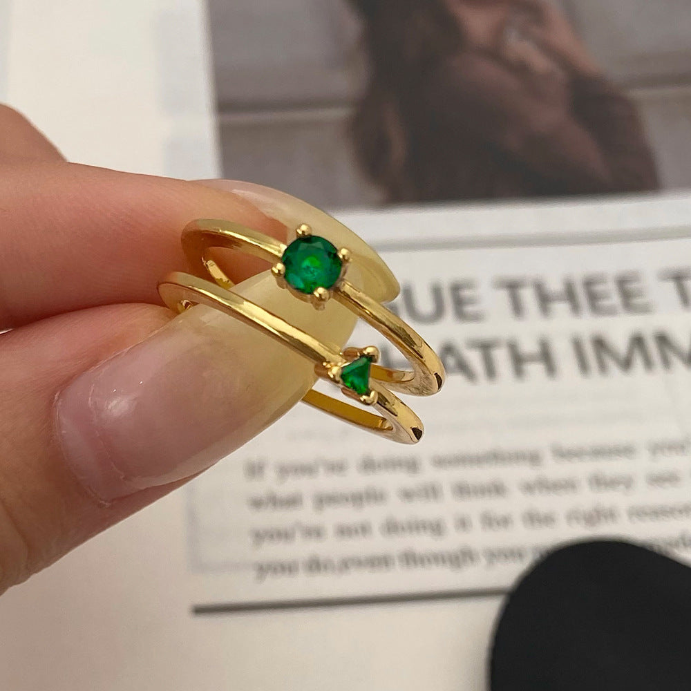 Womens Green Diamond Studded Adjustable Open Ring Copper Electroplated Geometric Jewelry Gift For Her Classics