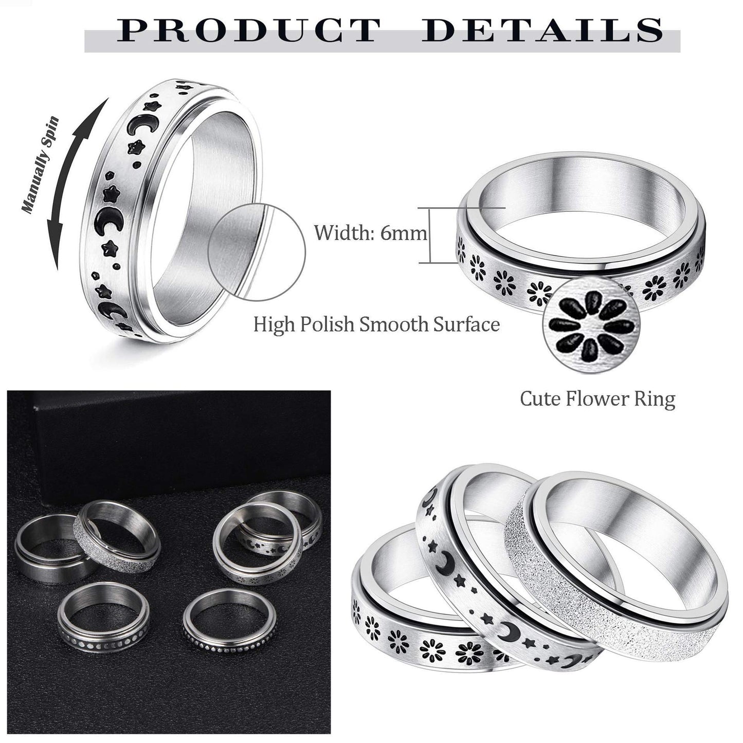 Stainless Steel Spinner Ring With Moon And Stars Design Rotatable Unisex Jewelry For Relaxation And Style Chic