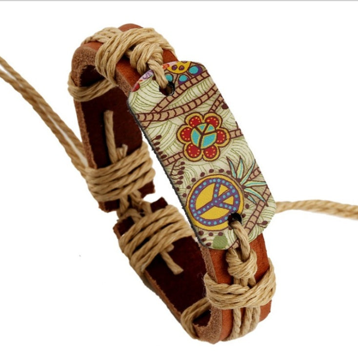Leather Bracelet With Peace Sign And Geometric Design For Men And Women Unisex Accessory Durable Everyday Wear
