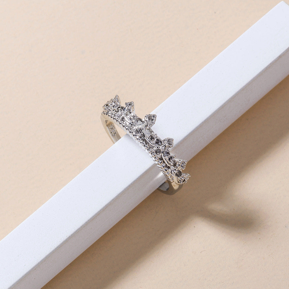 Copper Zircon Carved Crown Design Ring For Women Adjustable Band Euro Fashion Jewelry Electroplated Shine Gift For Her