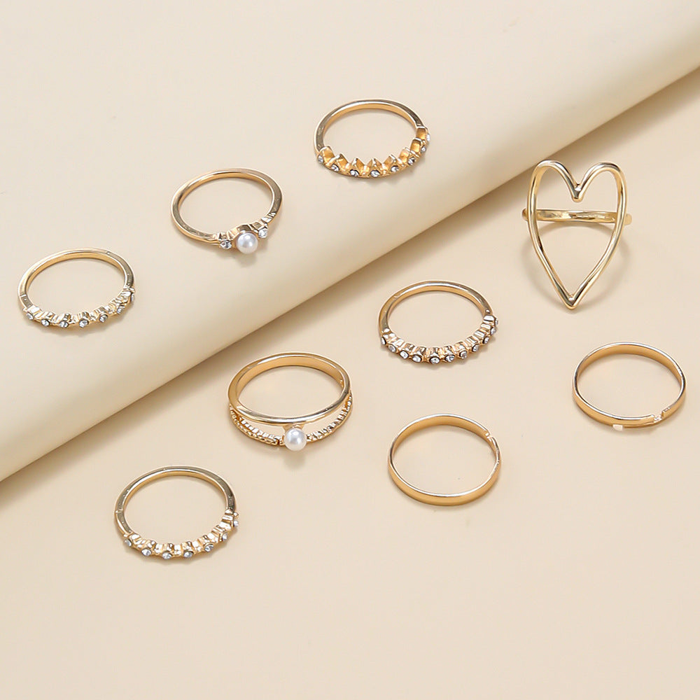 Womens Pearl Ring Set 9 Piece Fashion Alloy Rings With Heart Shaped Design European American Jewelry Set Rings