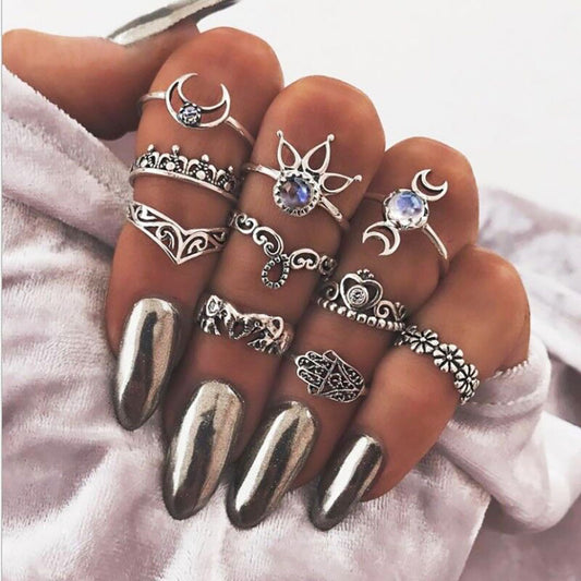 Palm Crown Ring Set Crystal Zirconium Rhinestone Accented Luxury Alloy Rings for Women and Girls Jewelry Style